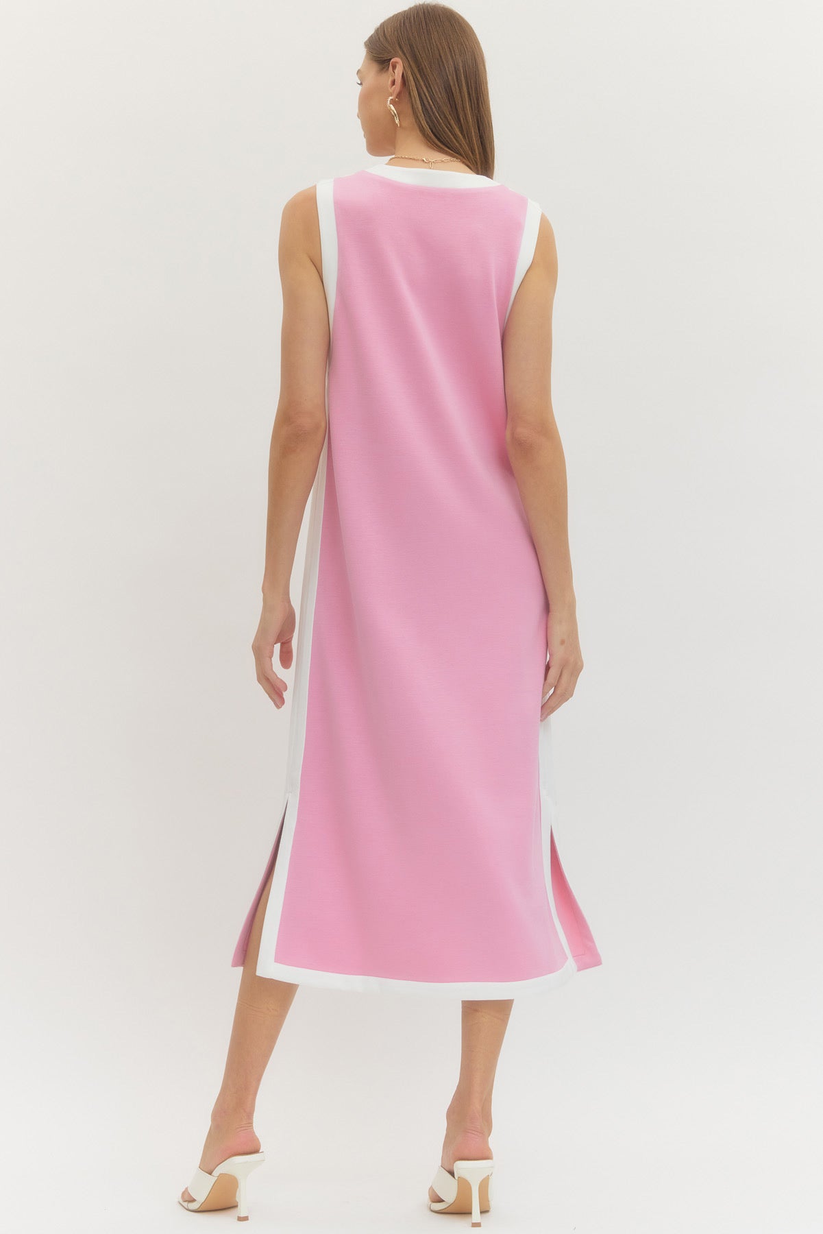 Solid sleeveless midi dress featuring contrast binding along neckline