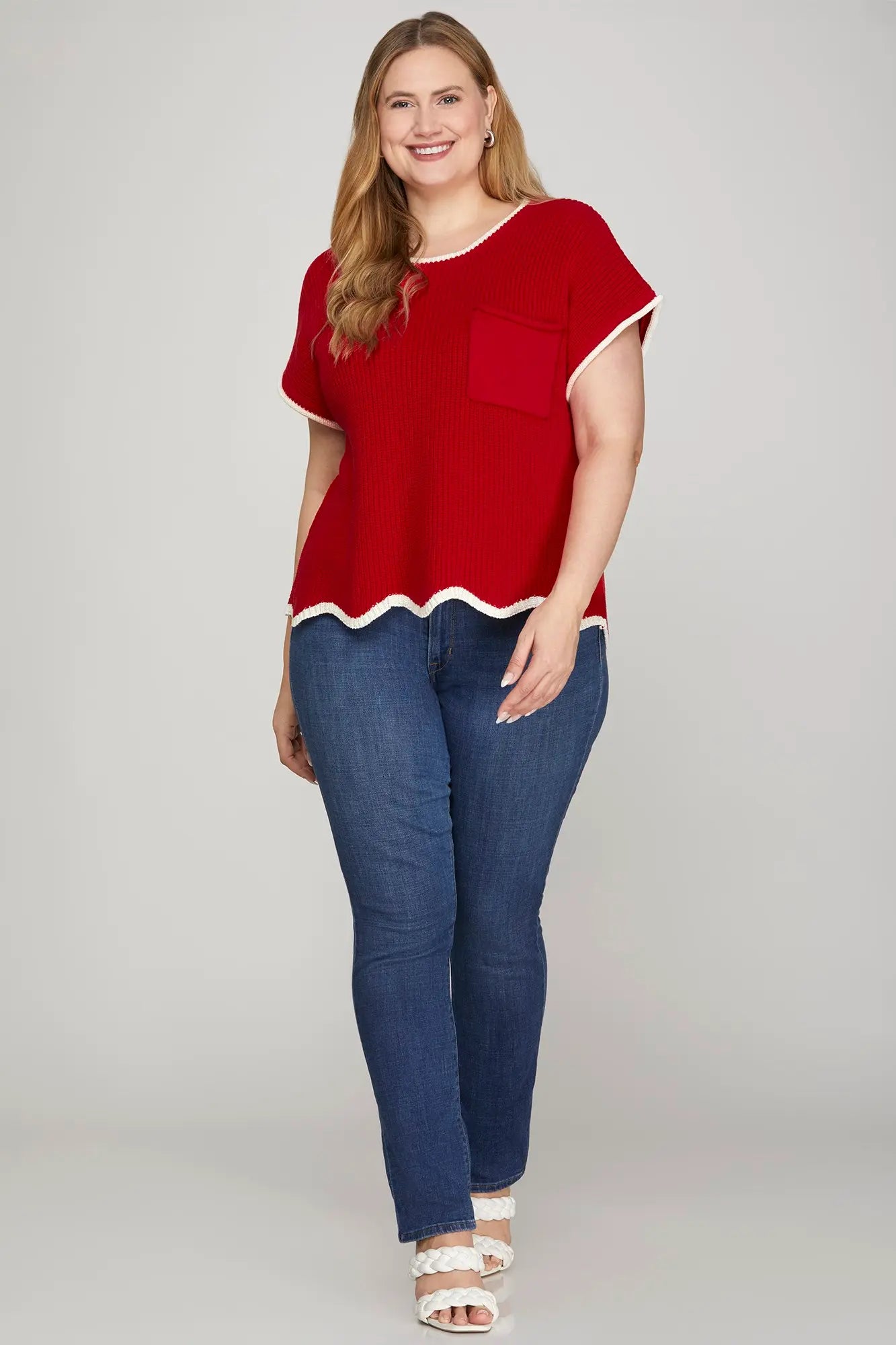 DROP SHOULDER SHORT SLEEVE SCALLOP HEM SWEATER TOP