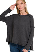 Raised rib raw edge boat neck long sleeve top