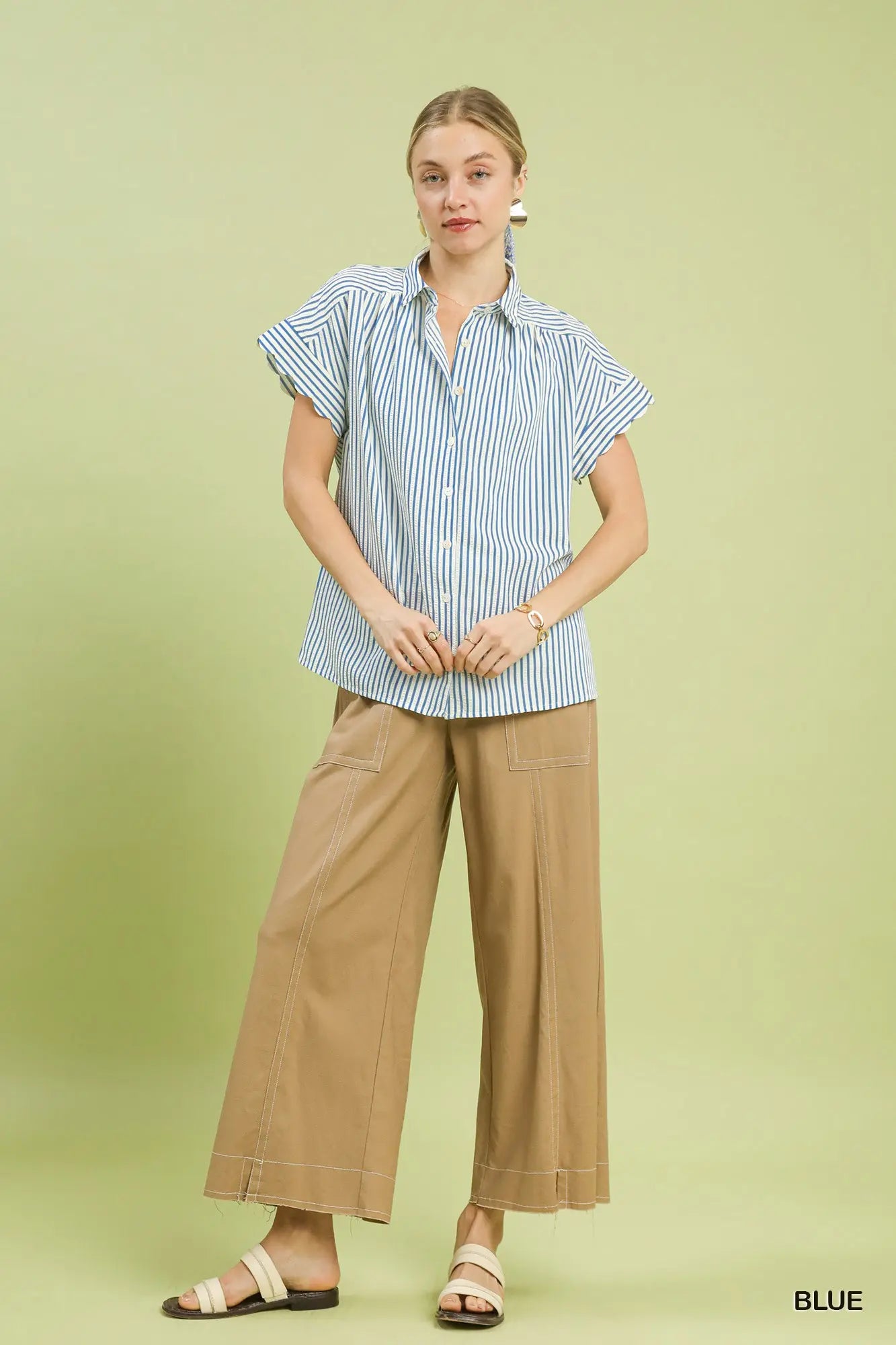 Striped Button-Down Top with Scallop Sleeves (Copy)