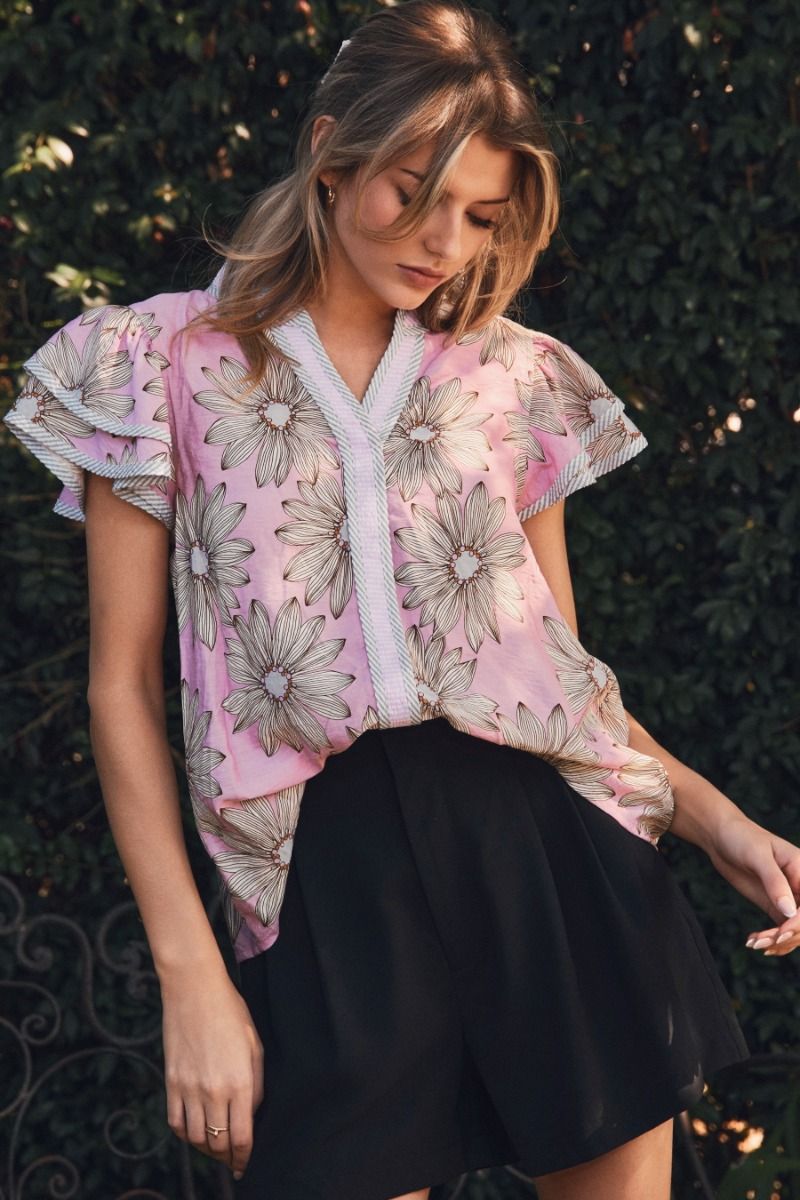 Floral printed blouse with contrast trim detailing (Copy)
