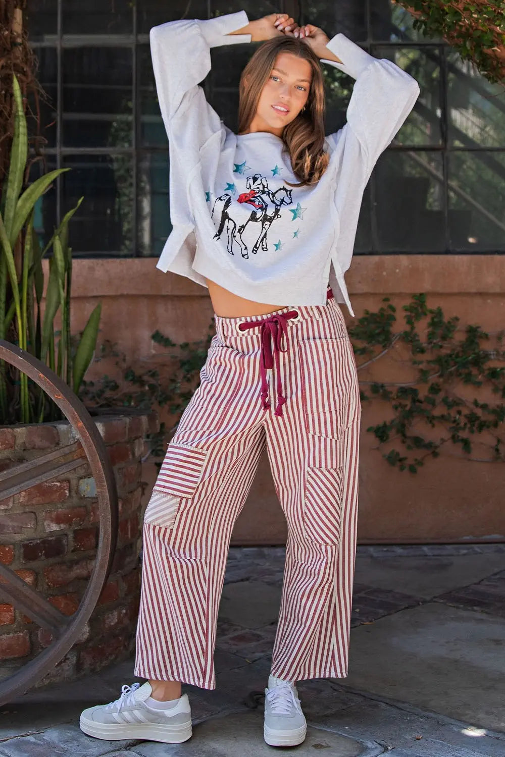 Striped Drawstring Barrel Pants