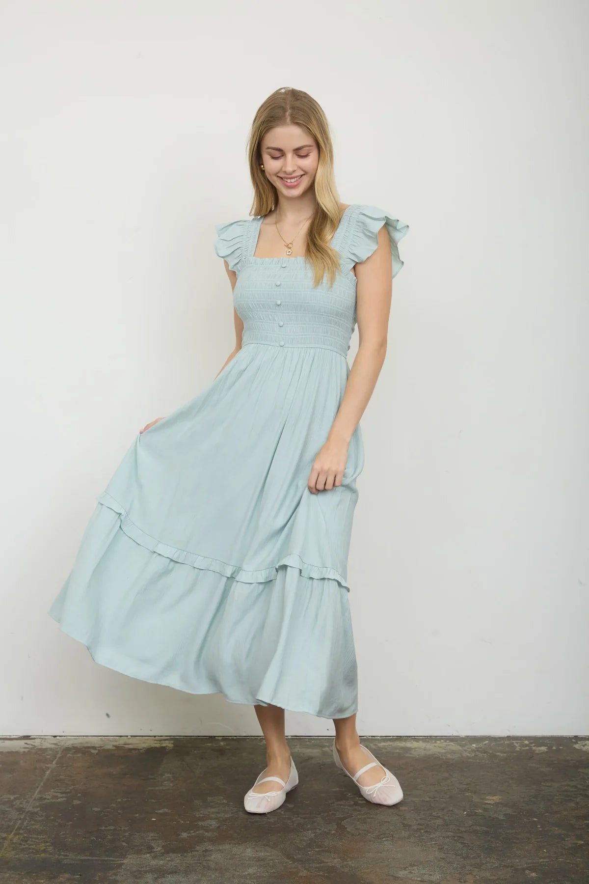 Mock button down smocked mididress L