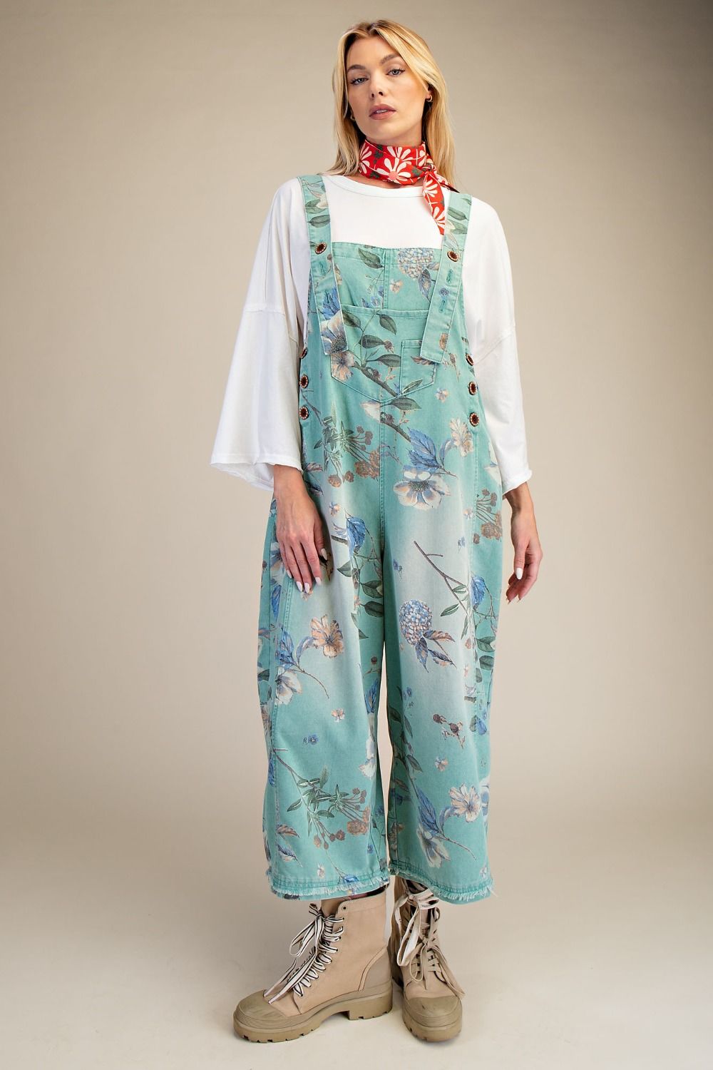 FLOWER PRINTED WASHED DENIM OVERALLS Denim