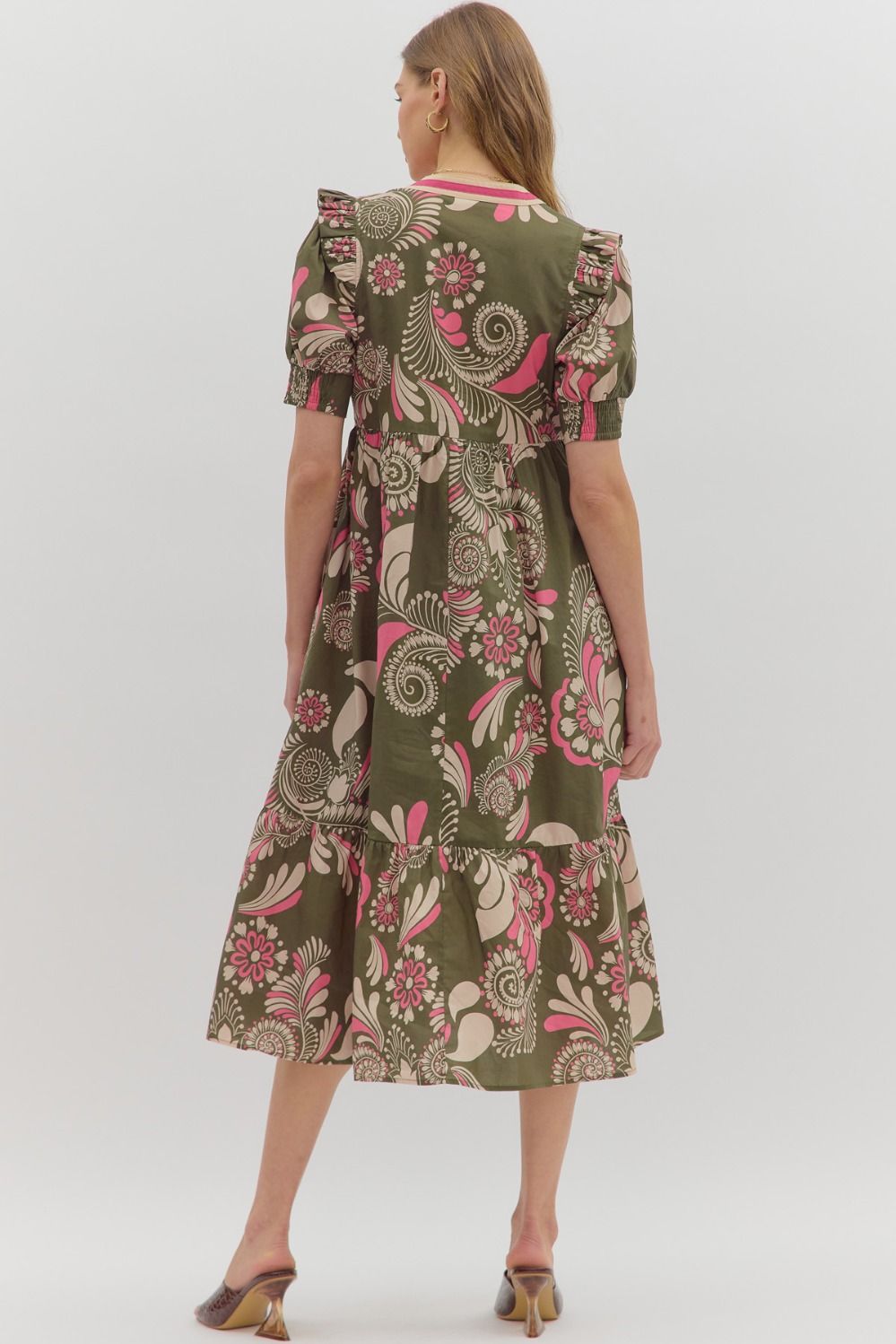 Paisley pattern smocked cuff band short sleeve olive