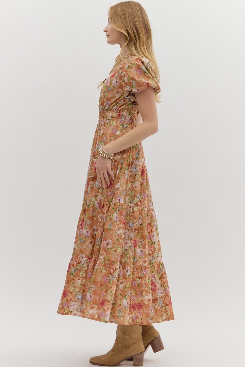 Floral print short bubble puff sleeve pullover midi tiered dress