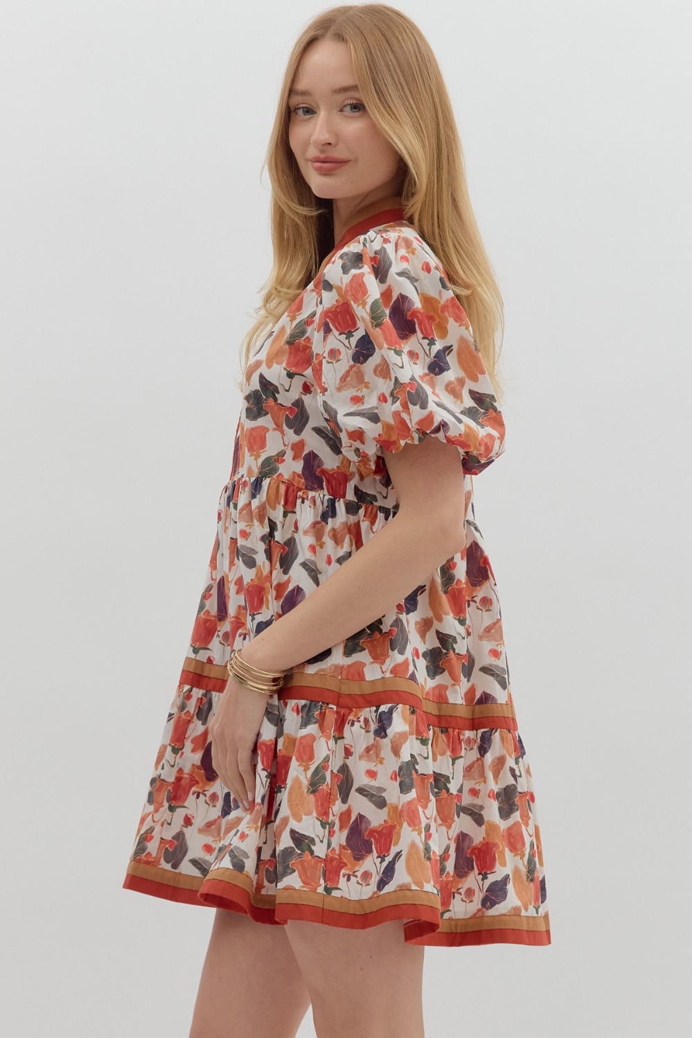 Multicolor floral print short bubble sleeve pullover