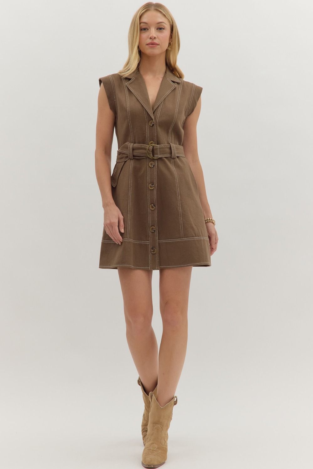 Solid sleeveless lapel self-belt mini dress featuring contrast accent stitch detail