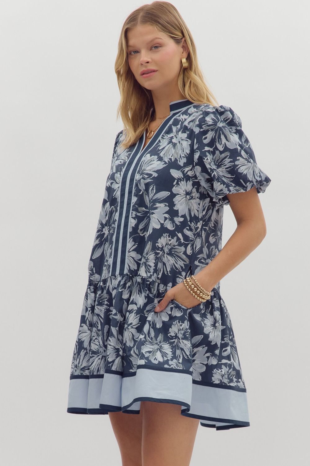 Floral print short bubble sleeve ruffle hem