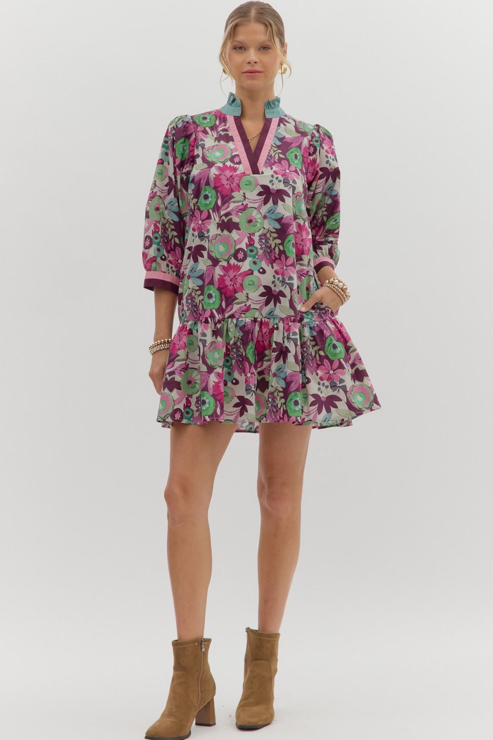 Multi-floral pattern ¾ sleeve ruffle hem mini dress featuring multicolor band