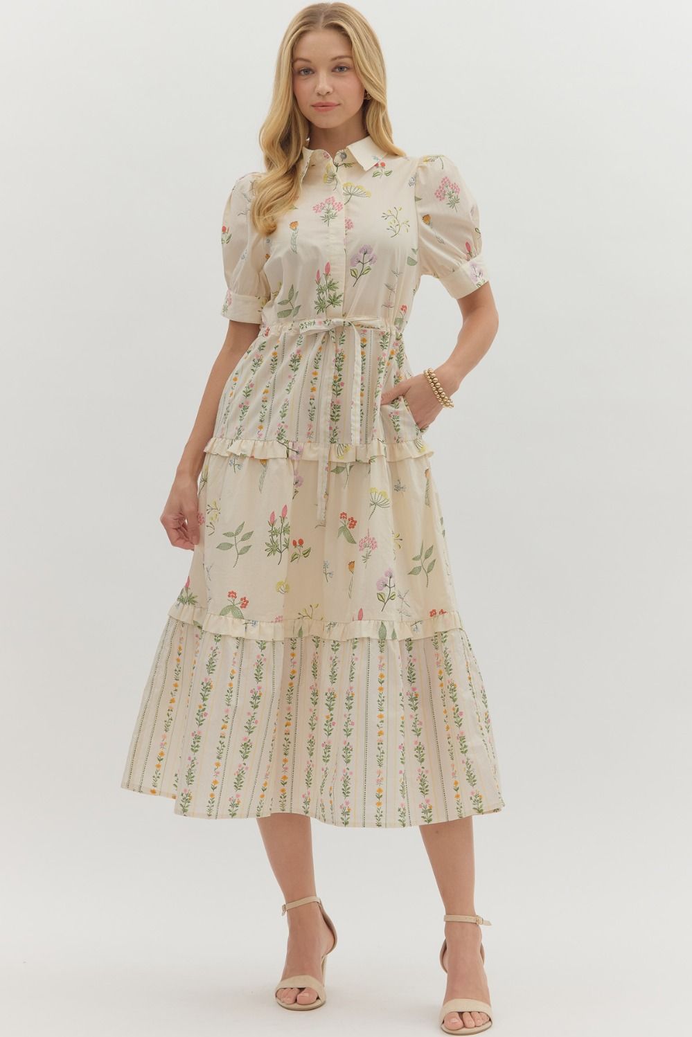 Botanical print short sleeve midi dress