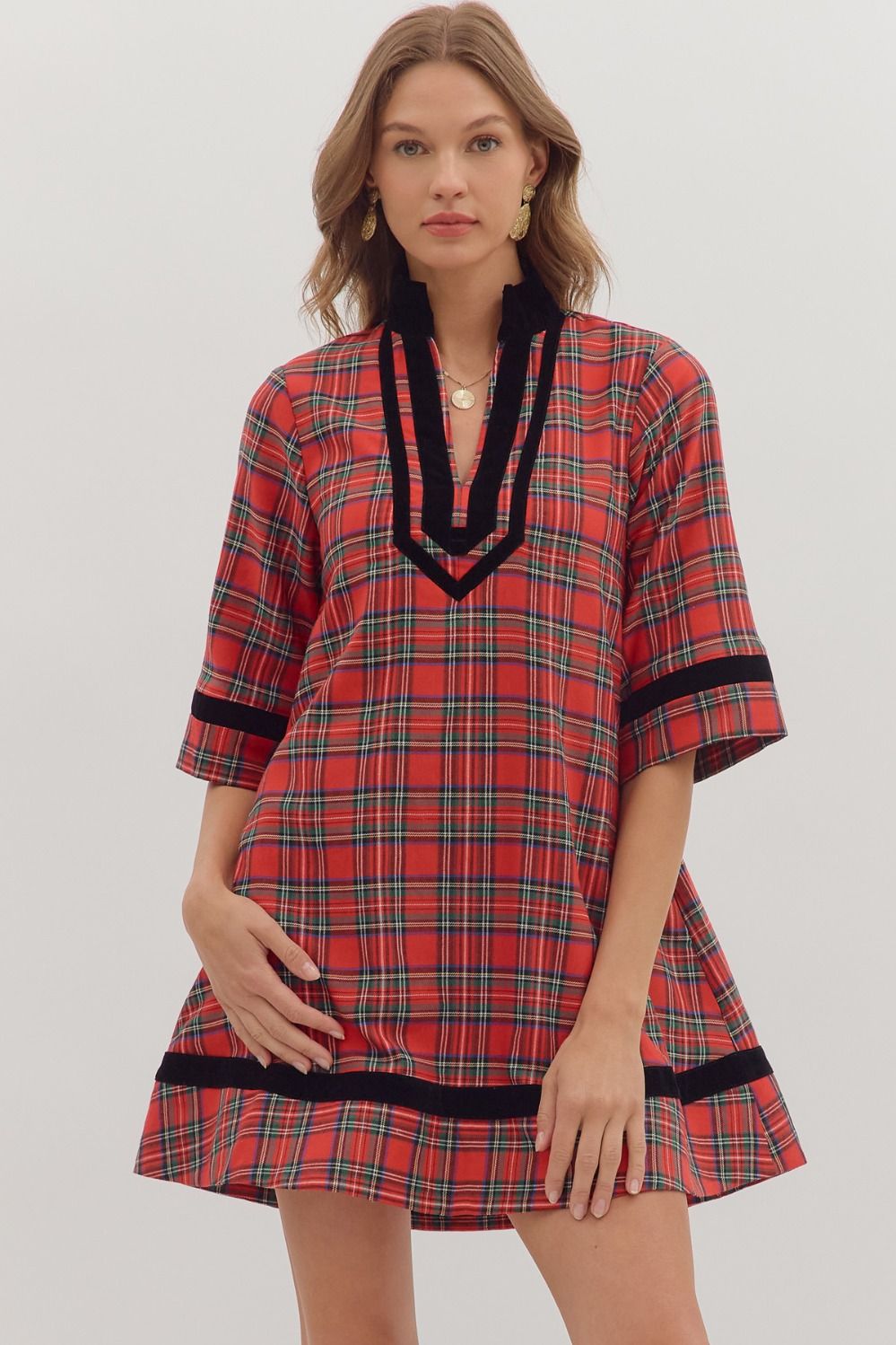 Plaid 3/4 sleeve mini dress featuring contrast velvet trim