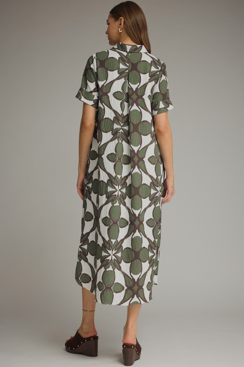 Printed short sleeve midi shirt dress