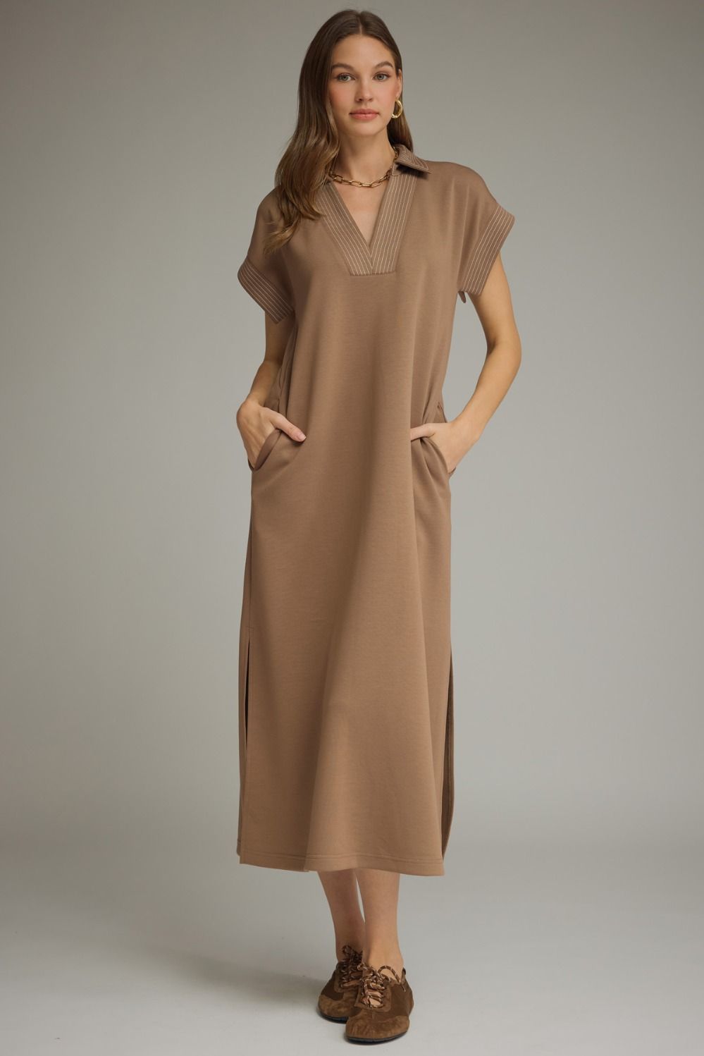 Solid collared short sleeve midi dress
