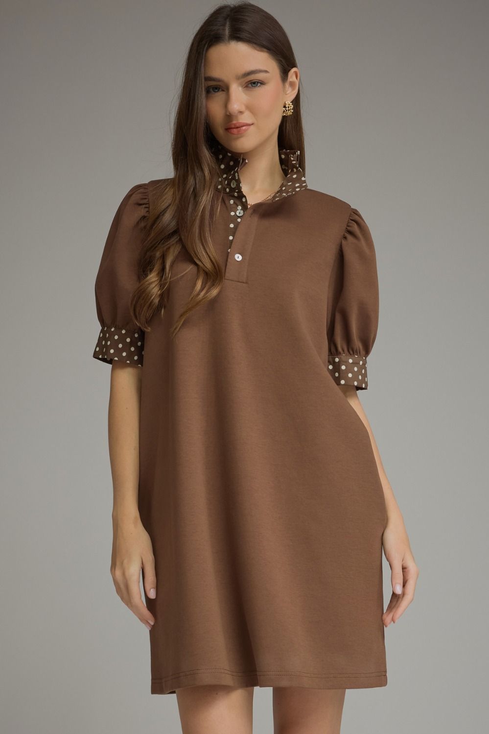 Solid short puff sleeve mini dress featuring polka dot contrast