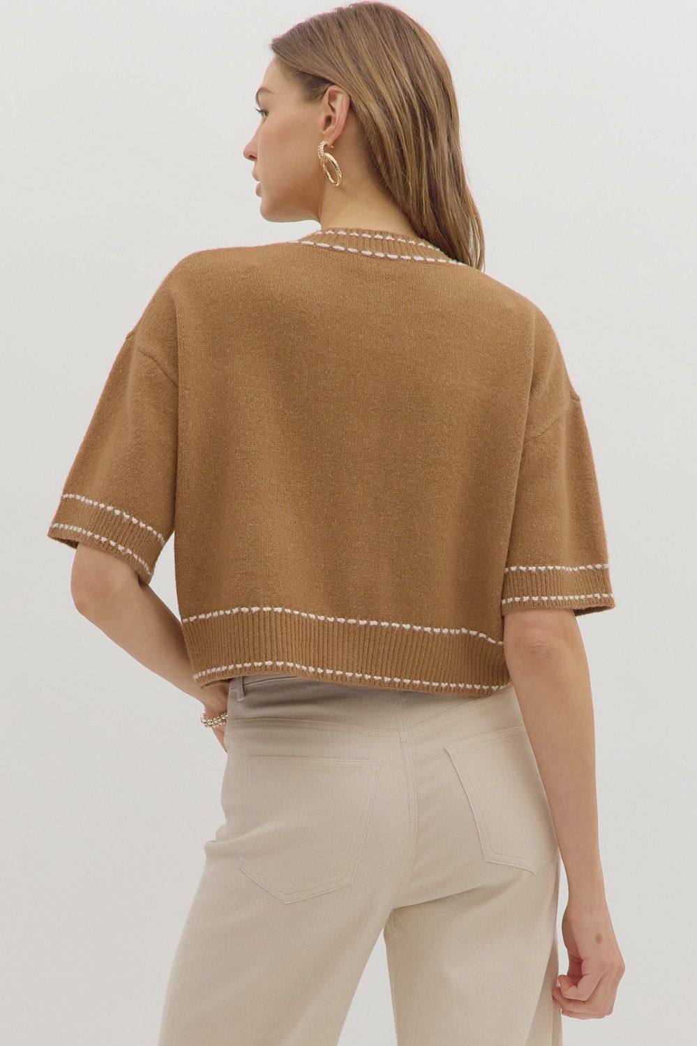 Solid elbow-length sleeve cardigan top