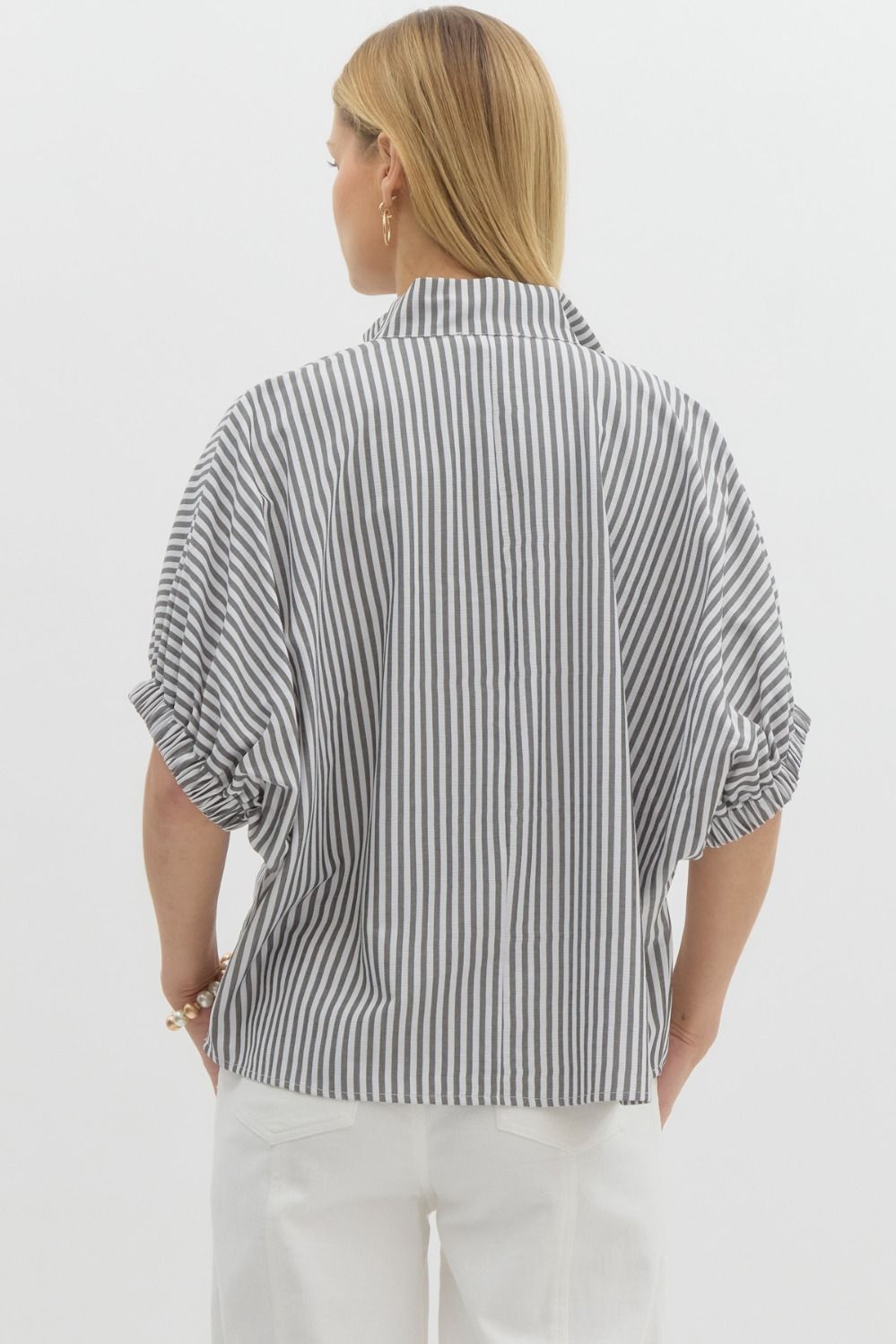 Stripe pattern high neck elasticated sleeve band dolman top