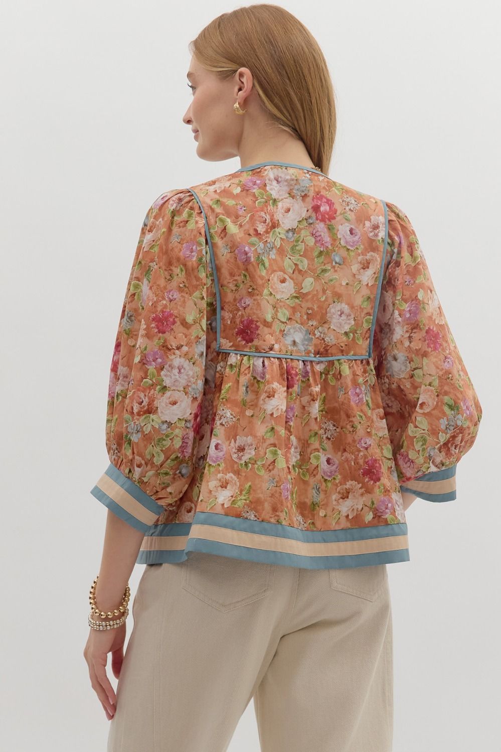 Vintage floral pattern ¾ sleeve empire waist loose top