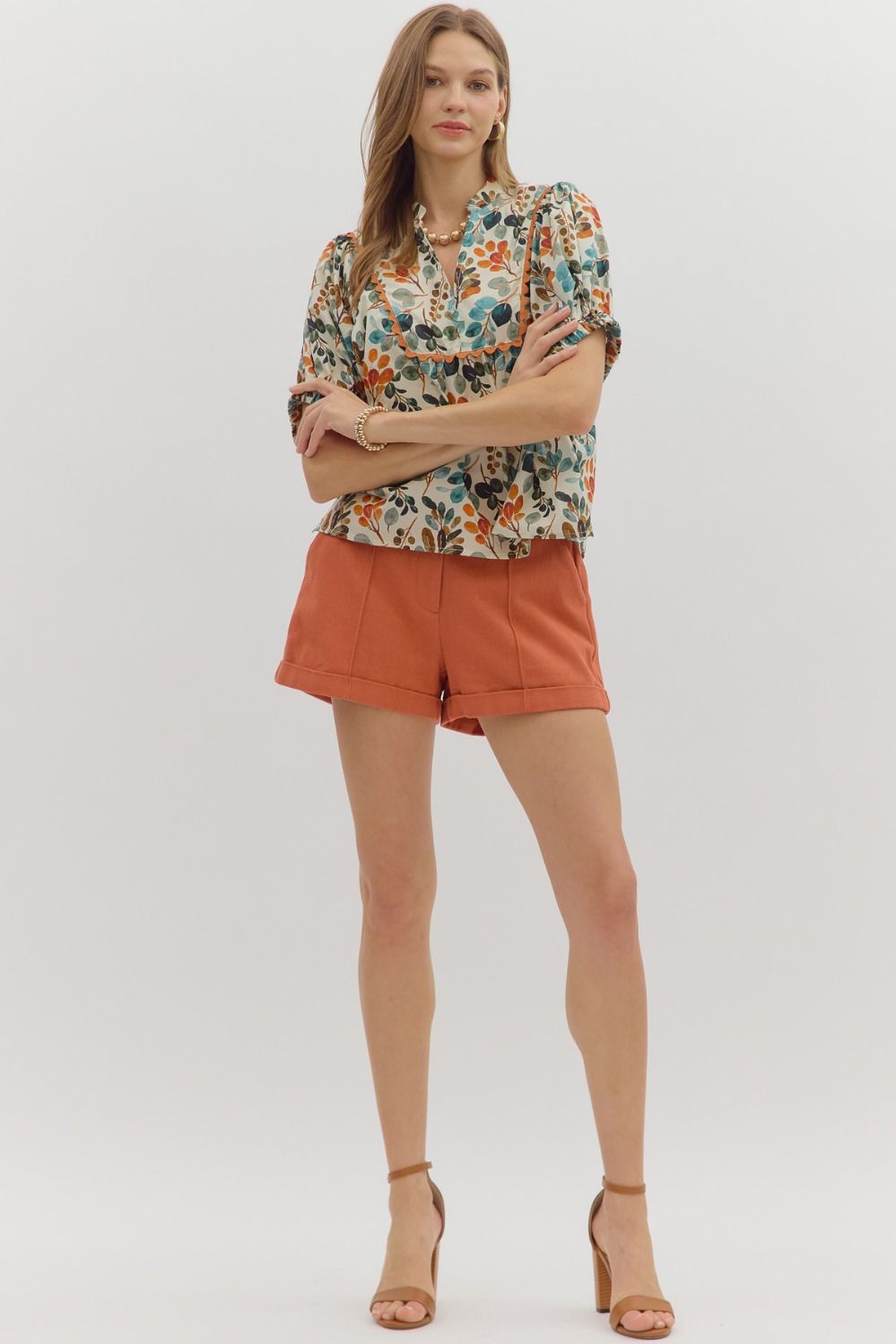 Botanical print V-neck band collar dolman sleeve top