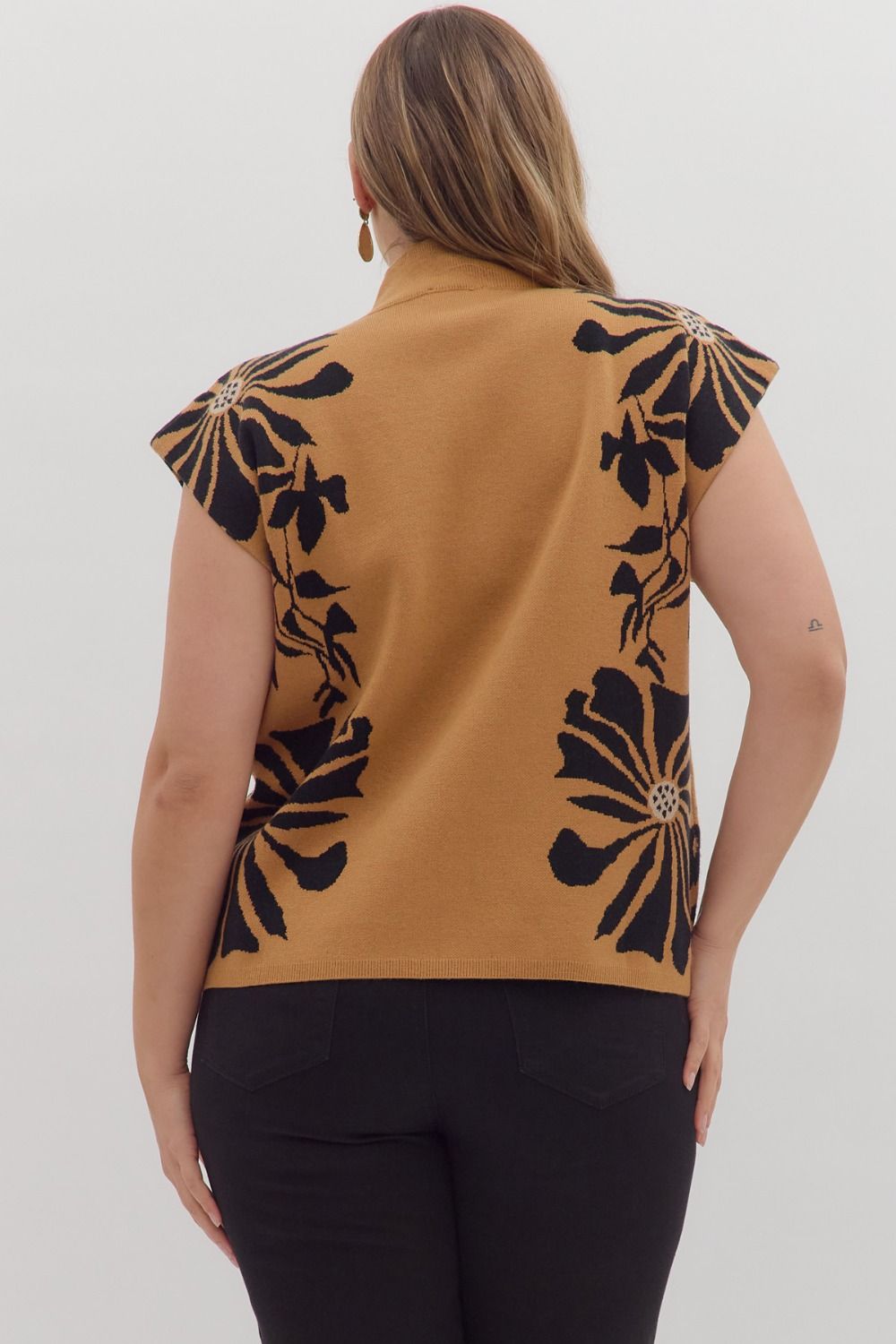 Floral pattern high neck muscle sweater knit pullover top