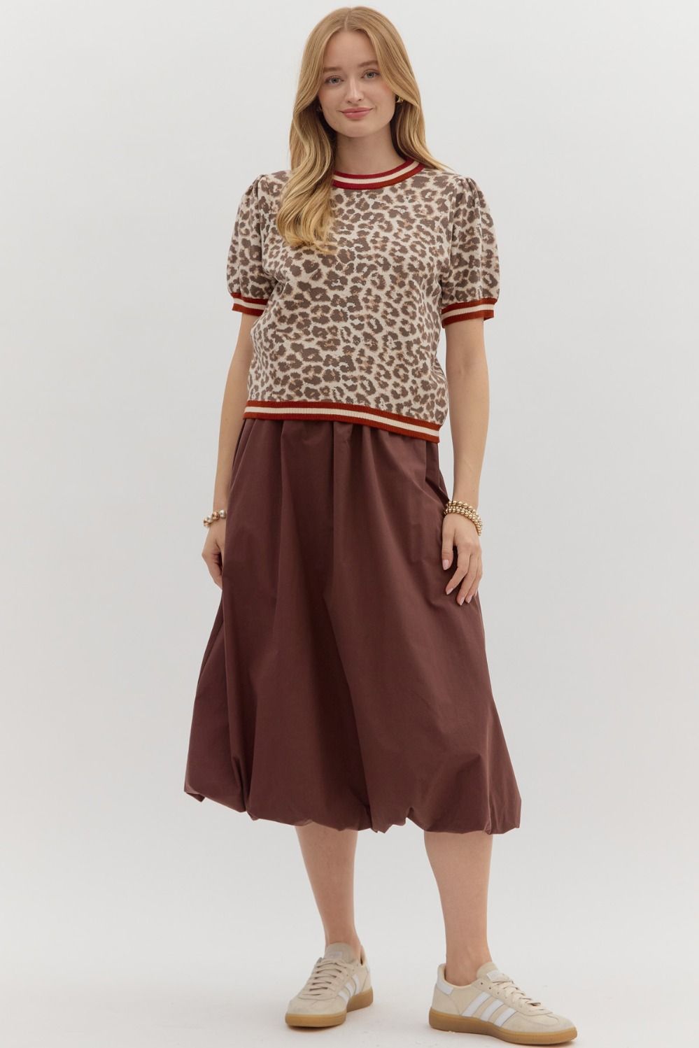 Leopard pattern short puff sleeve featuring multicolor accent band