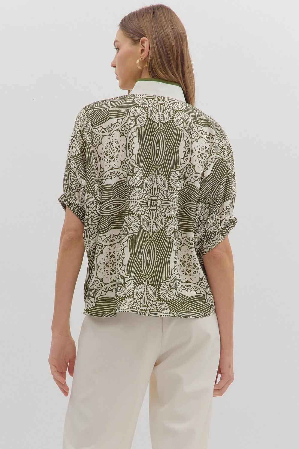 Multi-pattern short dolman sleeve top featuring multicolor