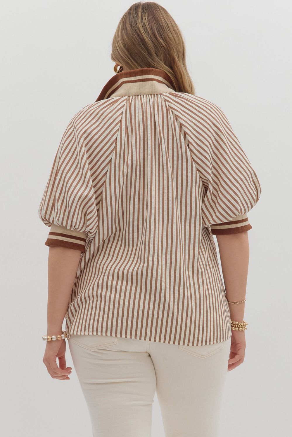 Stripe pattern half-zip closure short puff sleeve top