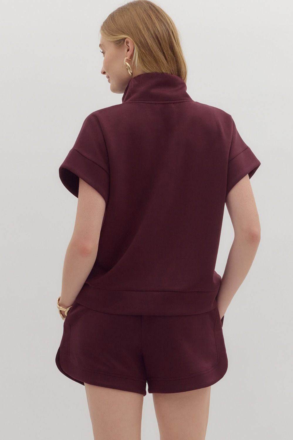 Solid zip-front high neck closure pullover top