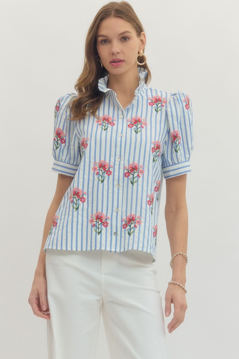 Striped short puff sleeve top featuring floral embroidery