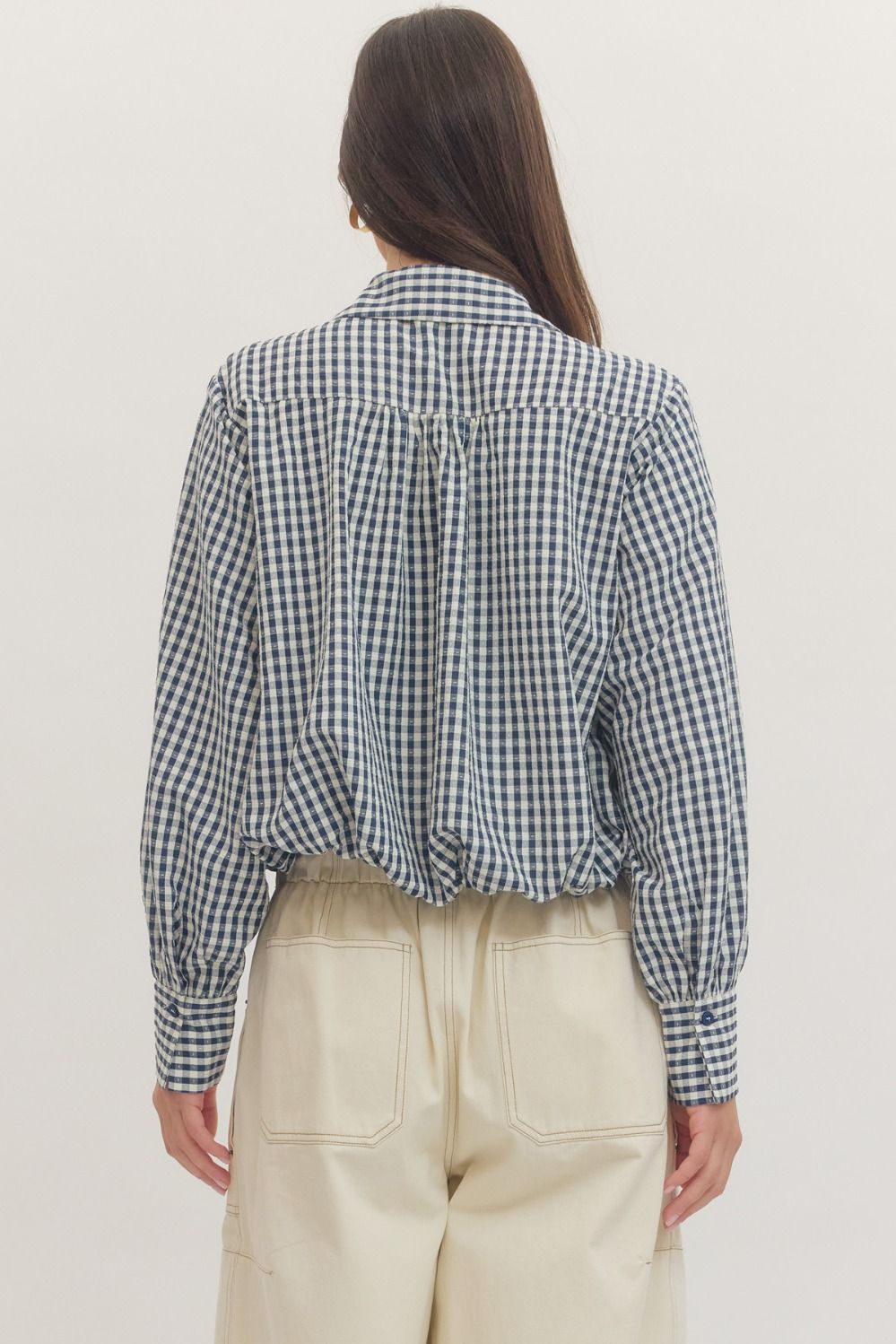 Gingham long sleeve button-down blouse