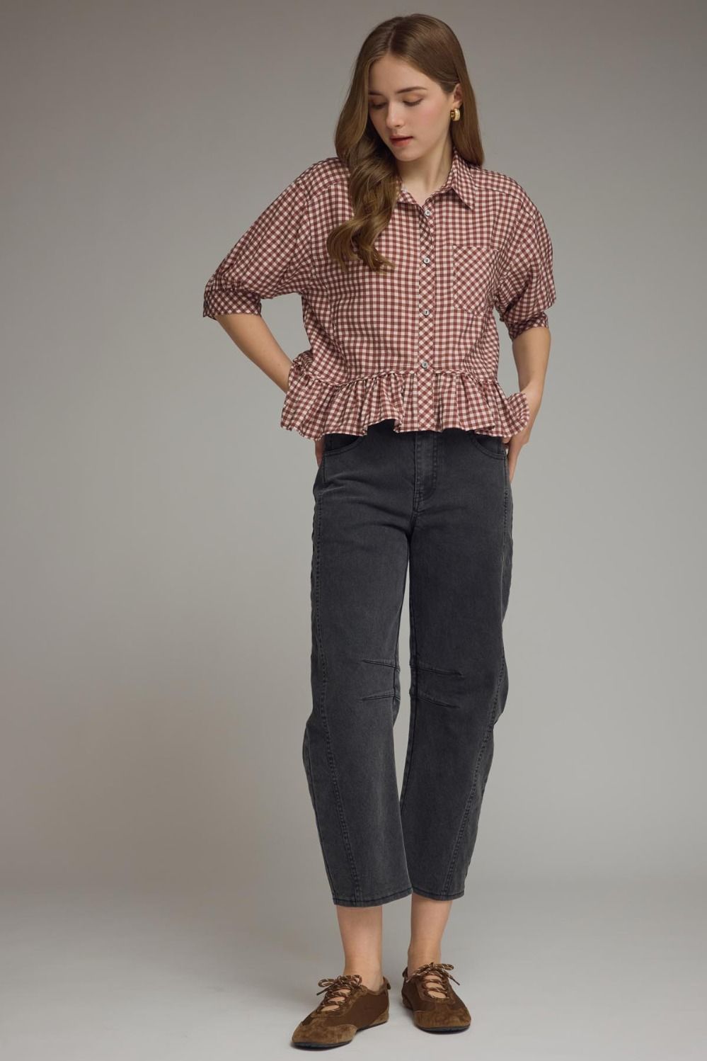 Gingham collared elbow sleeve top