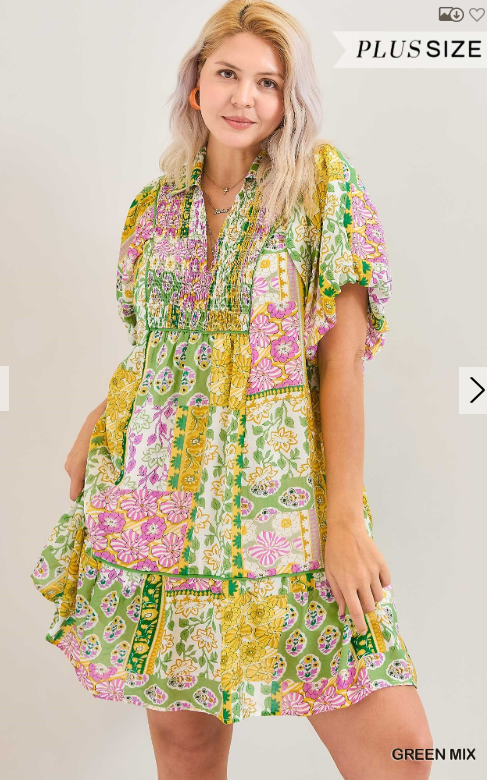 Patchwork Print Smocked Mini Dress