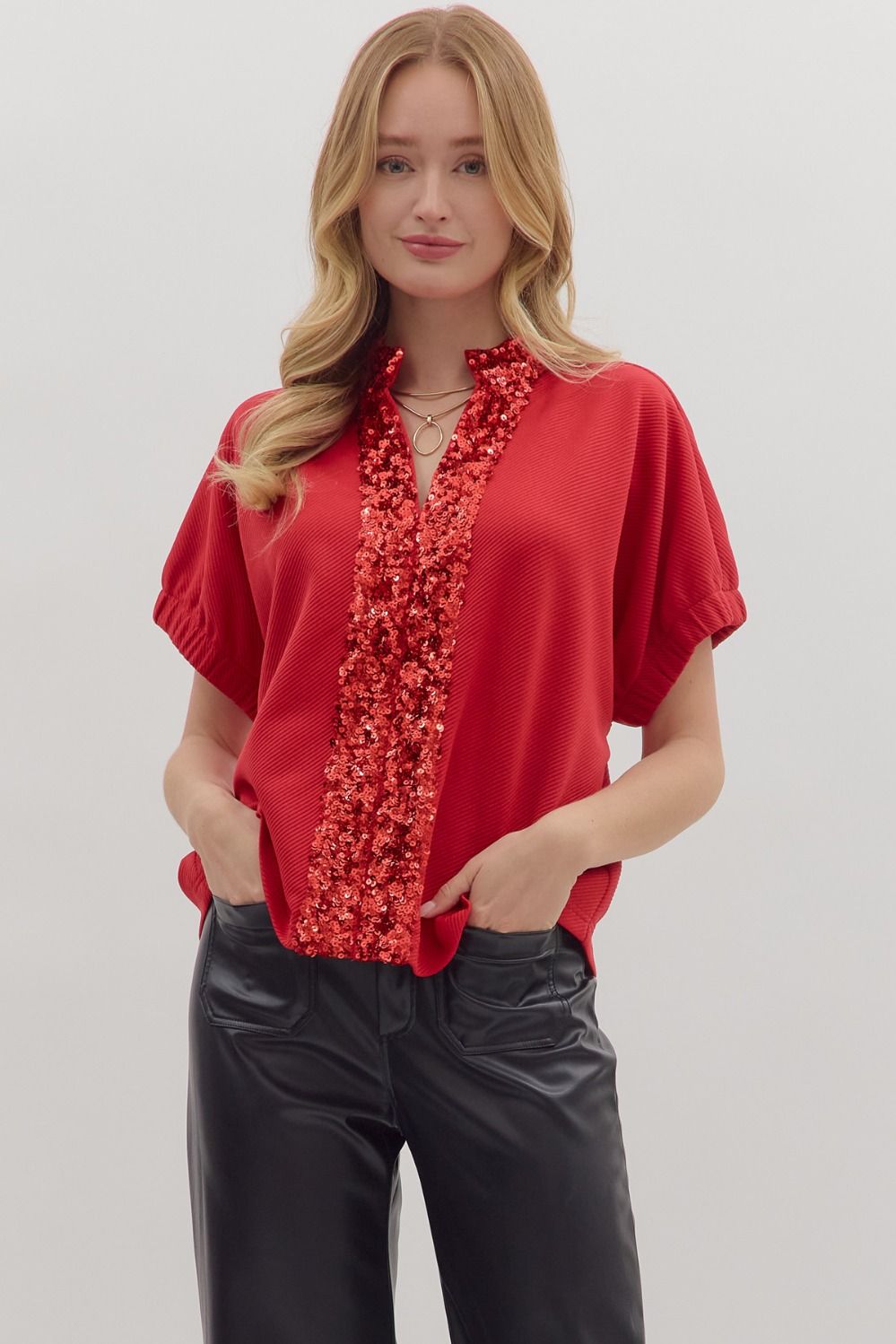 Sequined trim short sleeve top