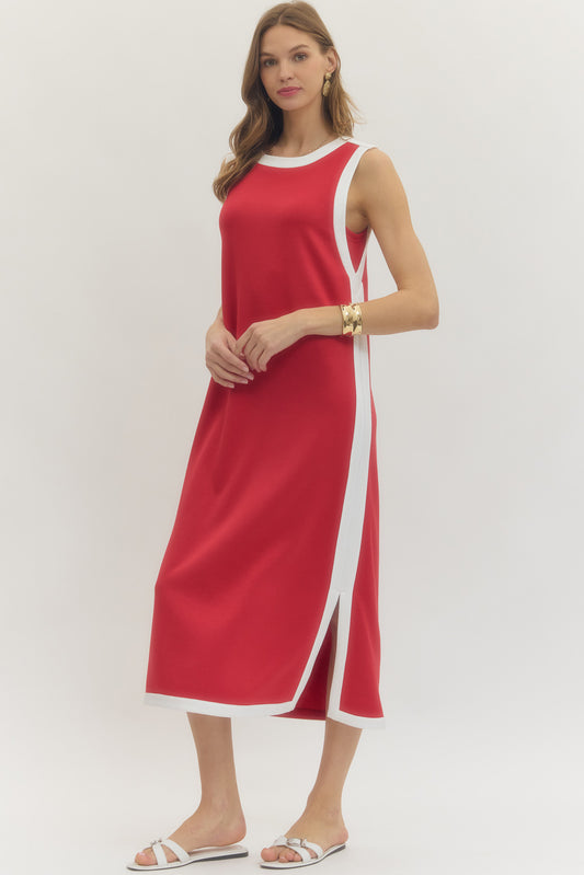 Solid sleeveless midi dress featuring contrast binding along neckline