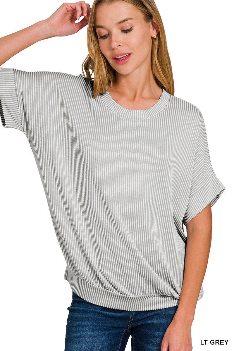 Raised rib cuff sleeve raw edge top short sleeve Corded