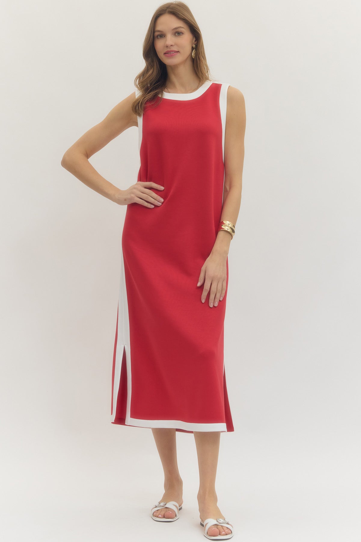 Solid sleeveless midi dress featuring contrast binding along neckline