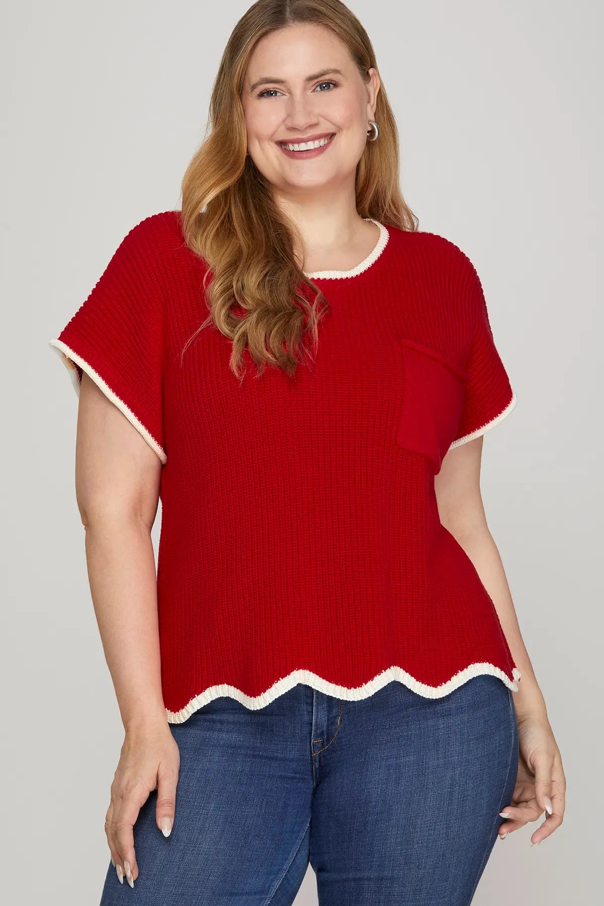 DROP SHOULDER SHORT SLEEVE SCALLOP HEM SWEATER TOP