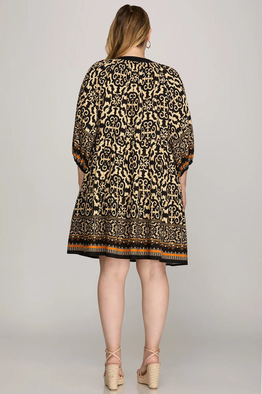 3/4 SLEEVE BORDER PRINT WOVEN TIERED MINI DRESS