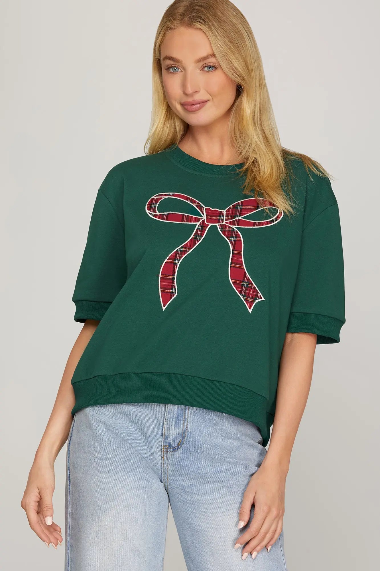 SHORT SLEEVE ROUND NECK PLAID BOW KNIT TOP