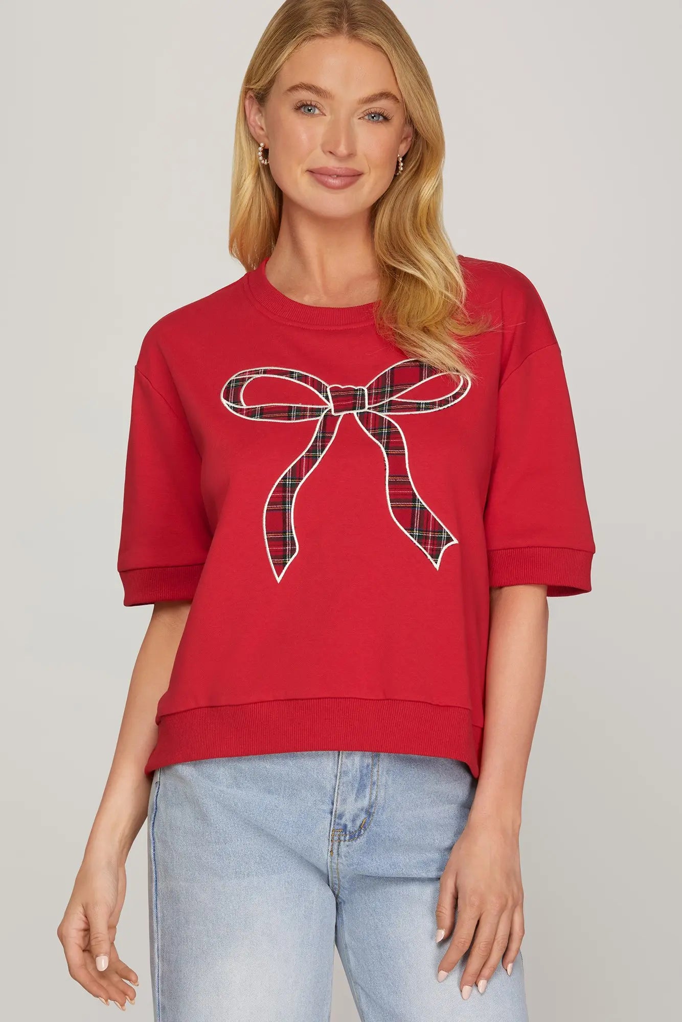 SHORT SLEEVE ROUND NECK PLAID BOW KNIT TOP