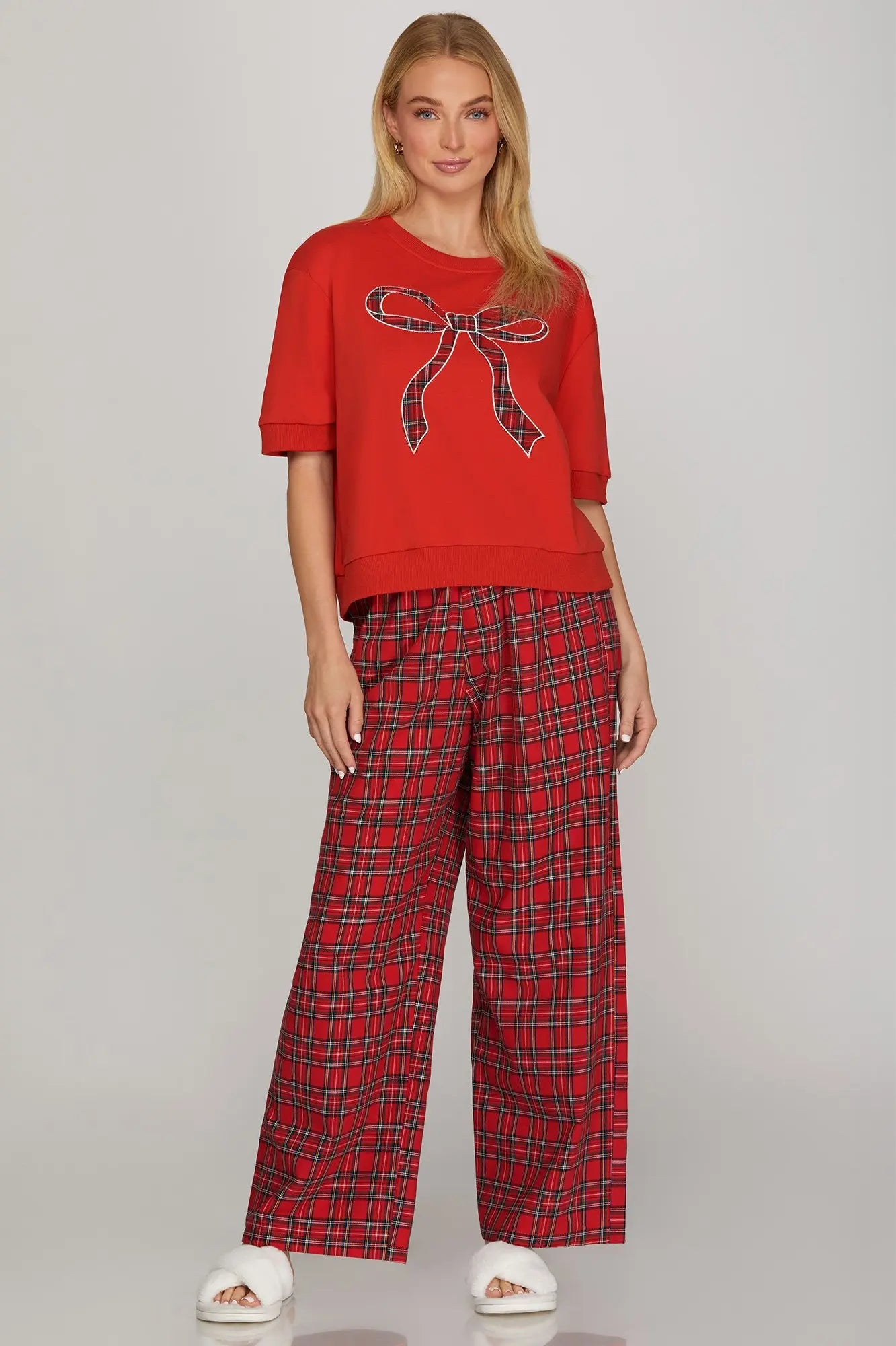 SHORT SLEEVE ROUND NECK PLAID BOW KNIT TOP