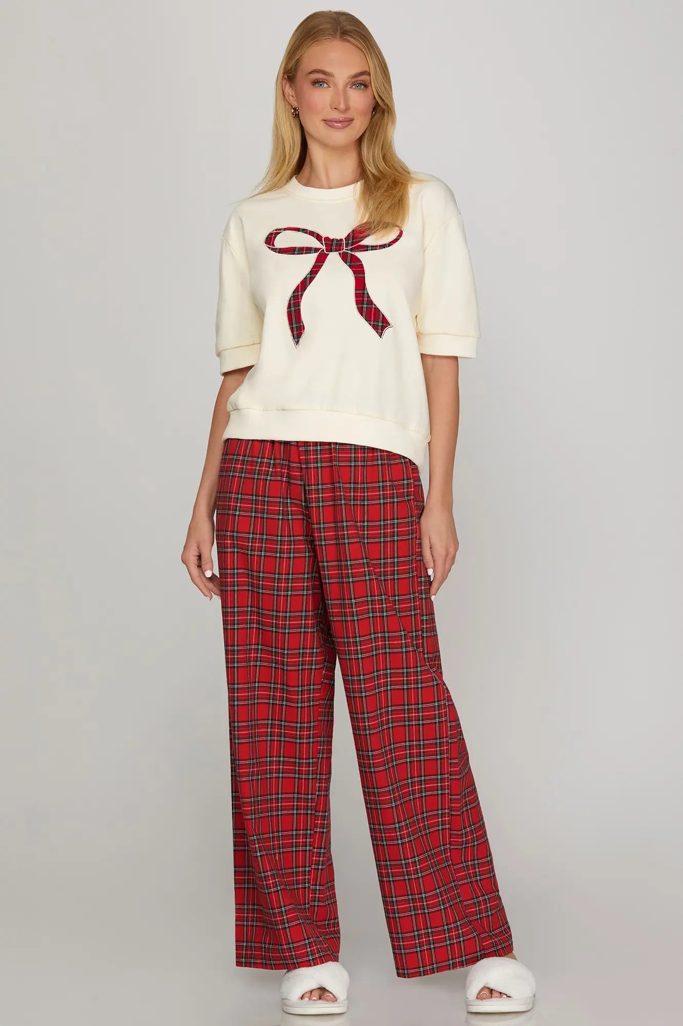 SHORT SLEEVE ROUND NECK PLAID BOW KNIT TOP