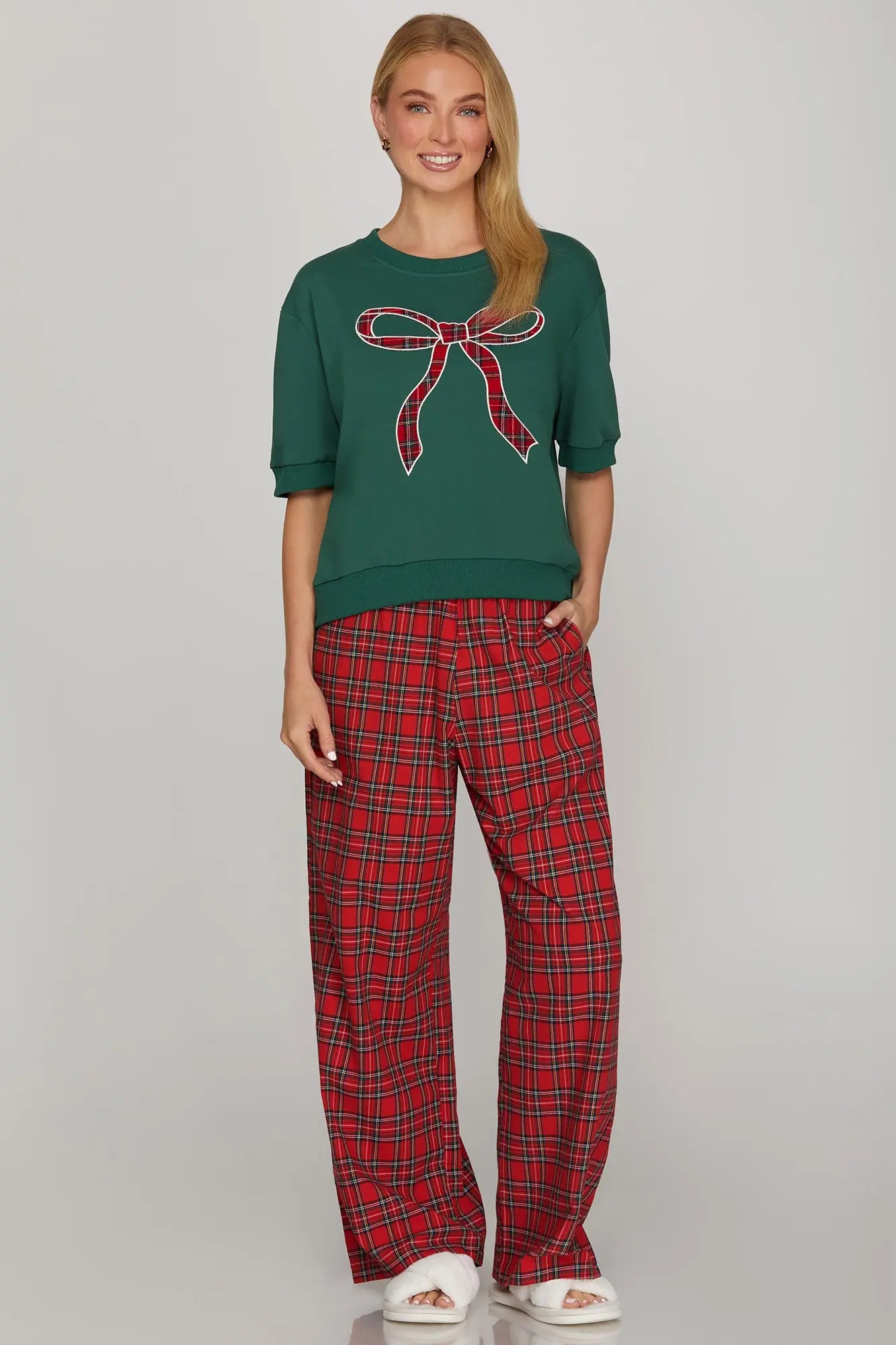 SHORT SLEEVE ROUND NECK PLAID BOW KNIT TOP