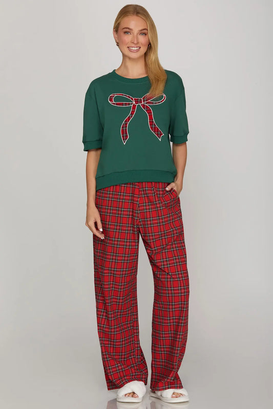 SHORT SLEEVE ROUND NECK PLAID BOW KNIT TOP