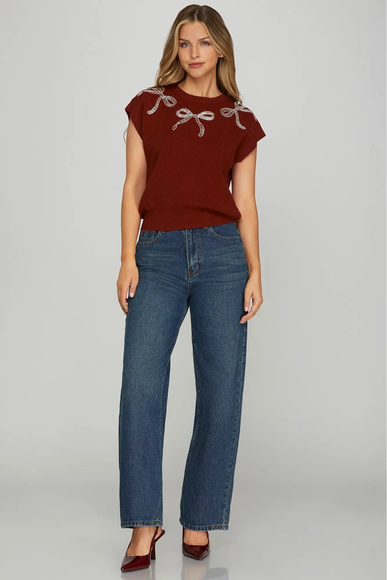 ROUND NECK SEQUIN BOW KNIT SWEATER VEST