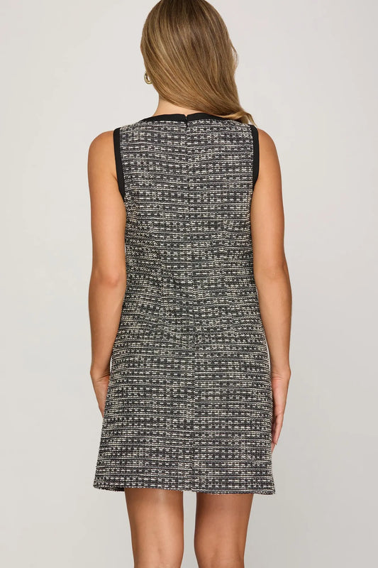 SLEEVELESS TWEED KNIT DRESS WITH FRONT BOW DETAIL