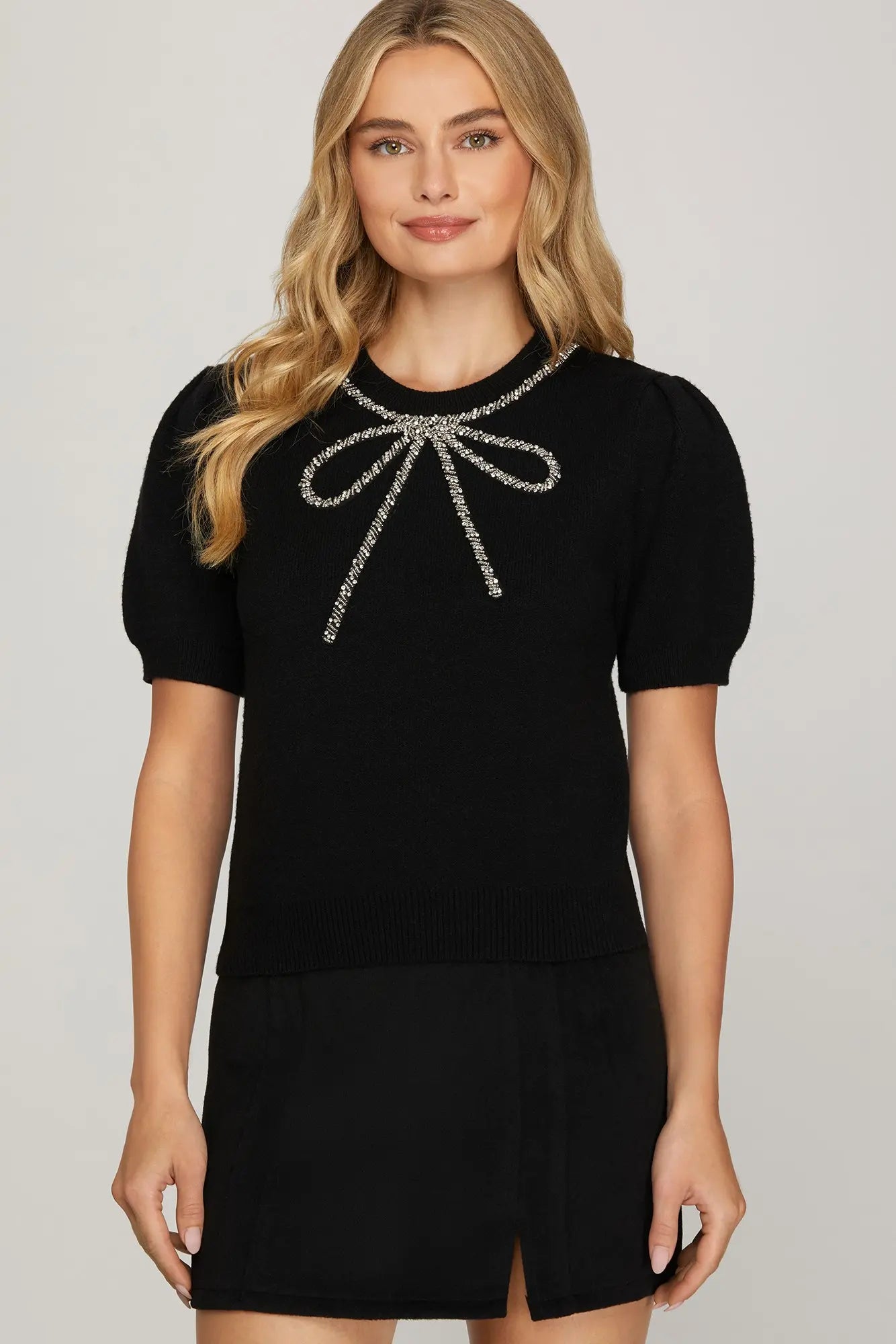 HALF SLEEVE BEADED BOW SWEATER TOP