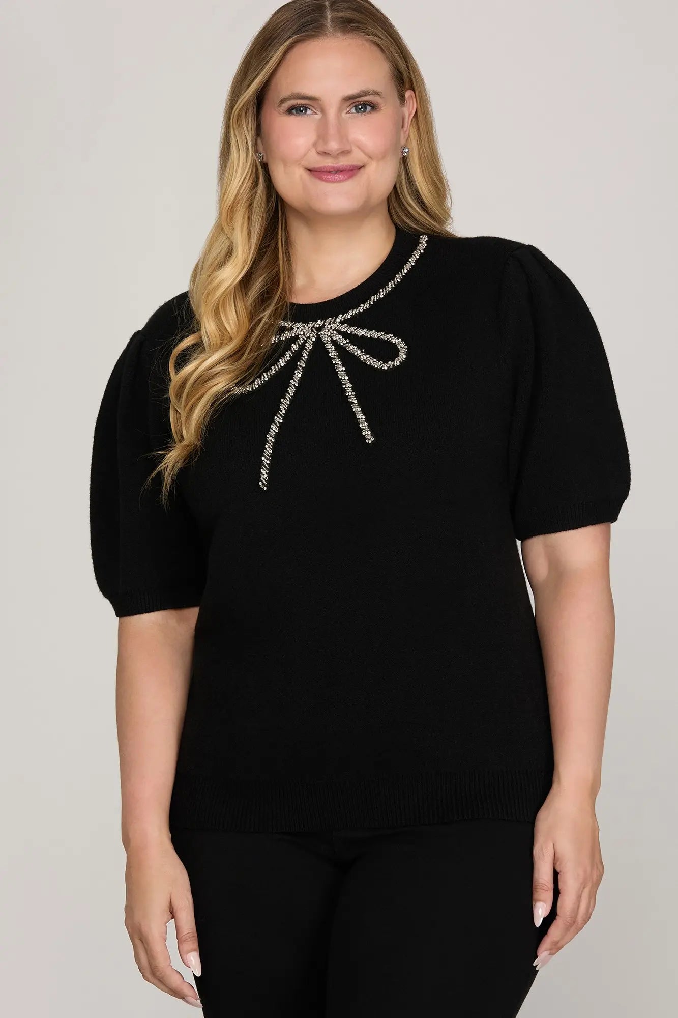 HALF SLEEVE BEADED BOW SWEATER TOP