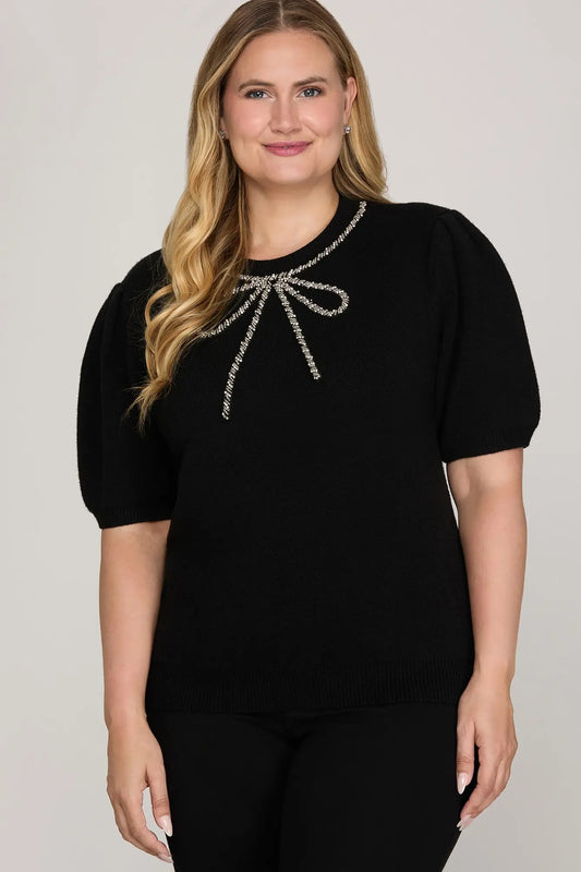 HALF SLEEVE BEADED BOW SWEATER TOP