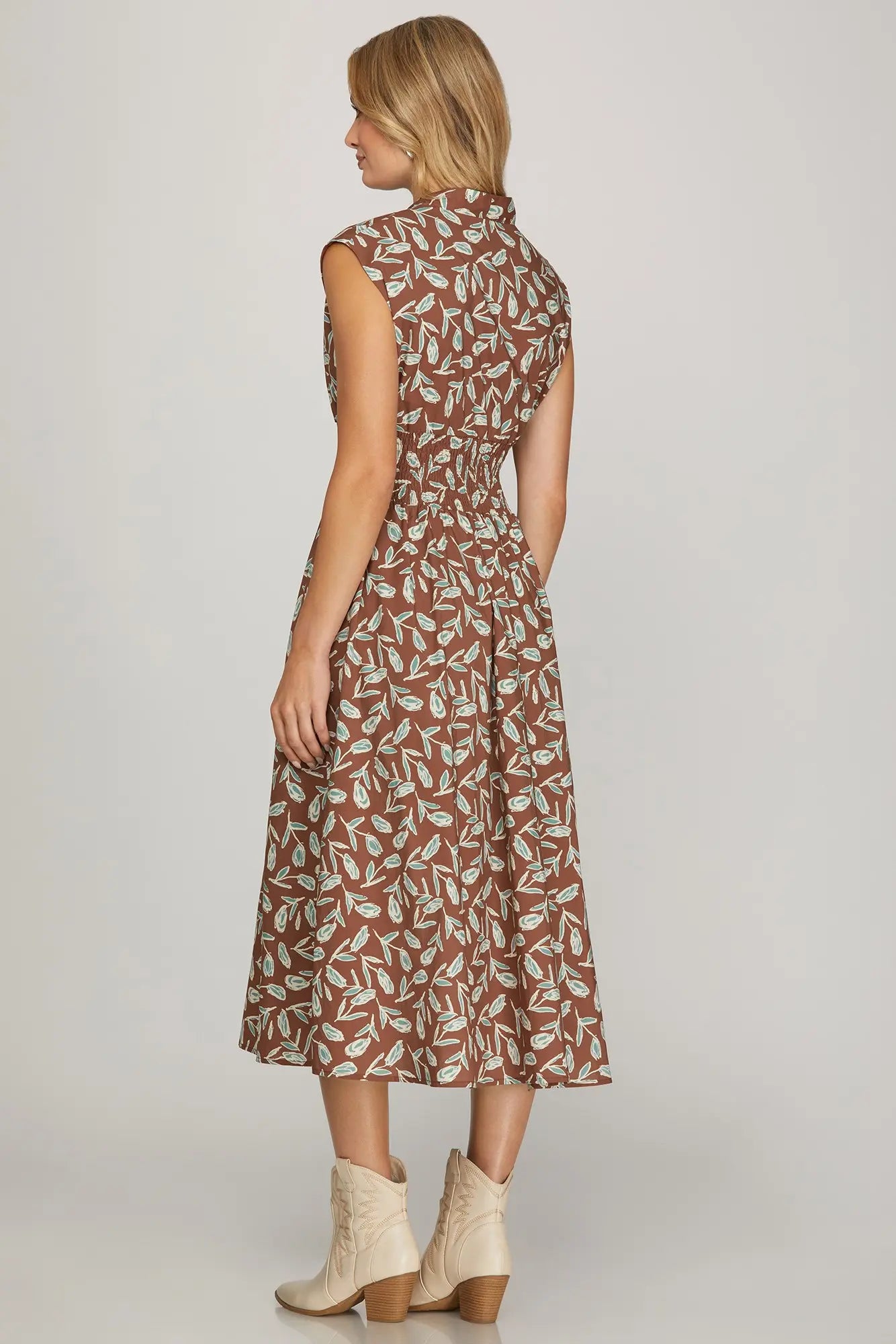 DROP SHOULDER SMOCKED WAIST FRONT ZIP PRINTED MIDI DRESS